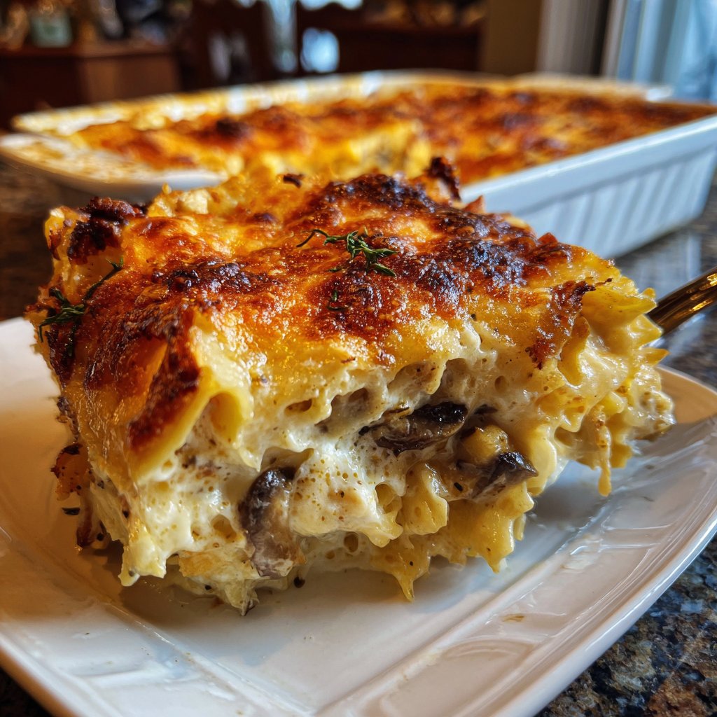 Vegetarischer Nudelauflauf mit Pilzen